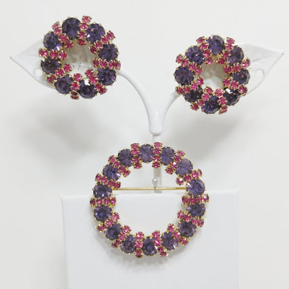 Weiss Pink and Lavender Rhinestone Wreath Brooch and Earrings Set – 1950s Gold Plated
