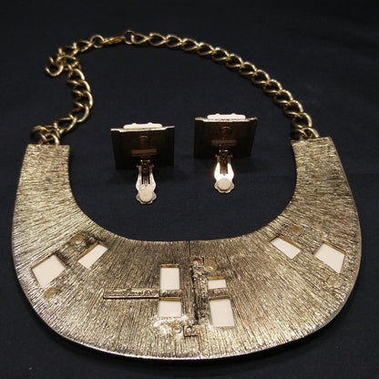 Laurel Burch Tribal Necklace & Clip Earrings, Lucite Gold Plate, 1980s Vintage Jewelry