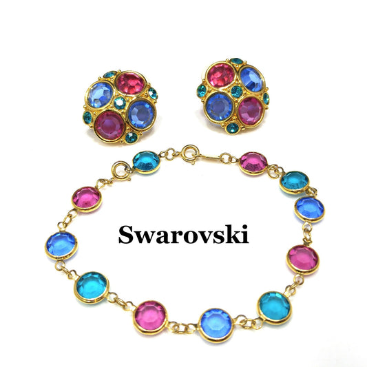 Swarovski Multicolor Bracelet & Earrings Set, Swan Logo, Pink Blue Green Crystals, 1980s Vintage Jewelry