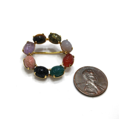 C. C. Gemstone Eight Scarab Brooch, 12K Gold Filled, Garnet Jadeite Quartz, 1950s Vintage Jewelry