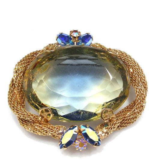 Large Glass Mesh Frame Brooch & Pendant, Gold Plated, 1960s Vintage Jewelry