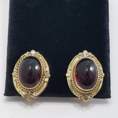 Vintage Whiting & Davis Co Red Gold Clip Earrings 1960s Gold Tone, Red Cabochon
