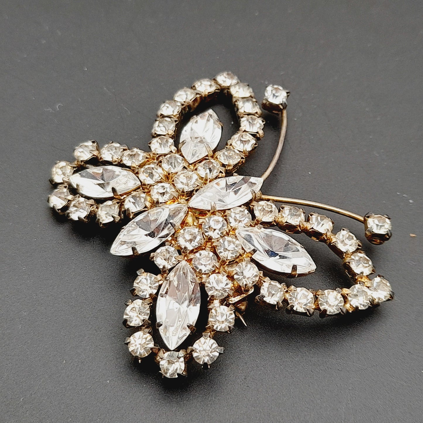 Vintage Mid-Century Clear Rhinestone Butterfly Brooch Pin Silver Tone