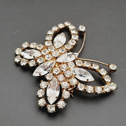 Vintage Mid-Century Clear Rhinestone Butterfly Brooch Pin Silver Tone
