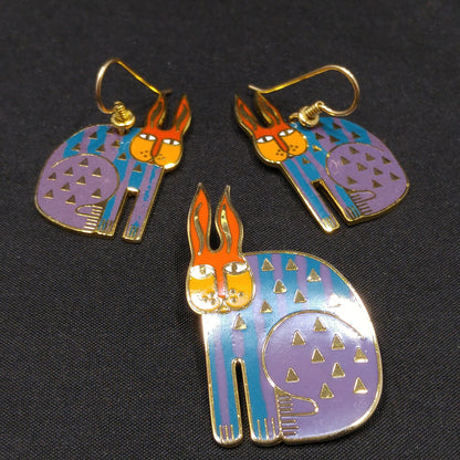 Laurel Burch "Rabbit For Ross" Brooch & Earring Set, Rainbow Enamel, Gold Plated, 1980s