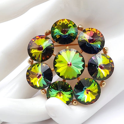 Vintage Weiss Green Watermelon Rivoli Rhinestone Brooch
