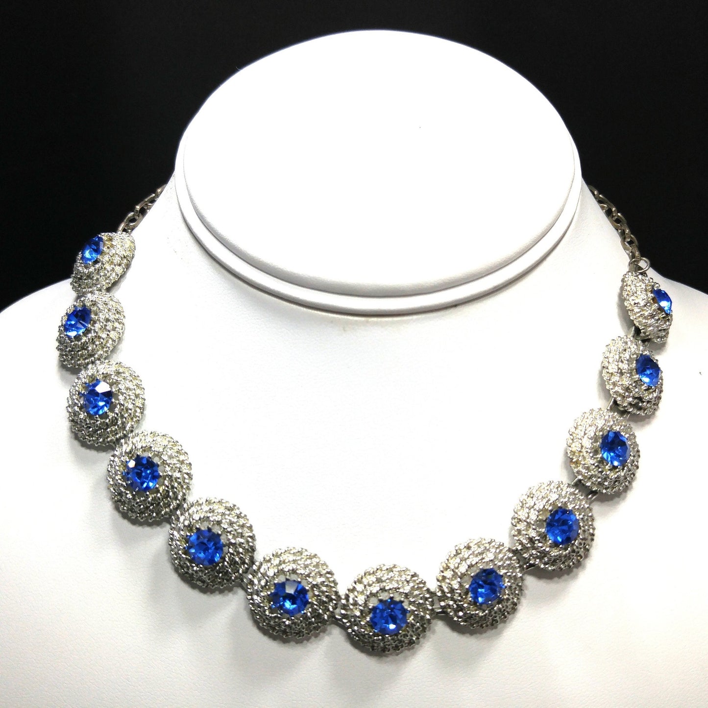 Blue Rhinestone Necklace Clip Earrings, Rhodium Plated Links, 1950s Vintage Jewelry