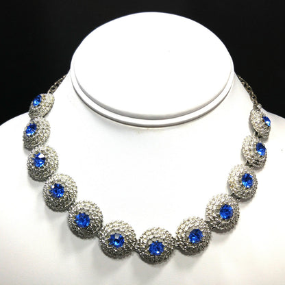 Blue Rhinestone Necklace Clip Earrings, Rhodium Plated Links, 1950s Vintage Jewelry