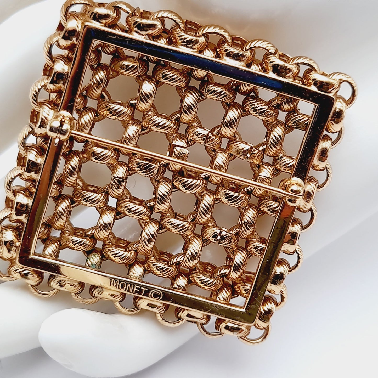 Vintage Monet Gold Plated Woven Square Brooch – 1980s Statement Designer Jewelry