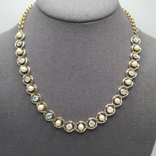Mid-Century Faux Pearl AB Rhinestone Necklace, Aurora Borealis, 1960s Vintage Jewelry