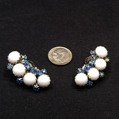 Weiss Aurora Borealis Blue Rhinestone Clip Earrings, White Milk Glass Cabochons, Ear Climbers, 1960s Vintage Jewelry