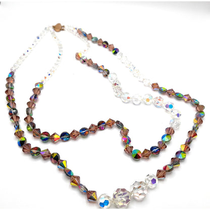 Vintage Crystal Bead Long Necklace, Asymmetrical Clear AB Topaz Crystals, 26"