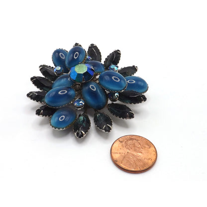 Blue Floral Mid-Century Brooch, Riveted Construction, 1950s Vintage Jewelry