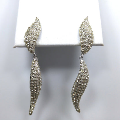 Vintage CINER Modernist Pave Clear Rhinestone Dangle Clip on Earrings, Rhodium Plated