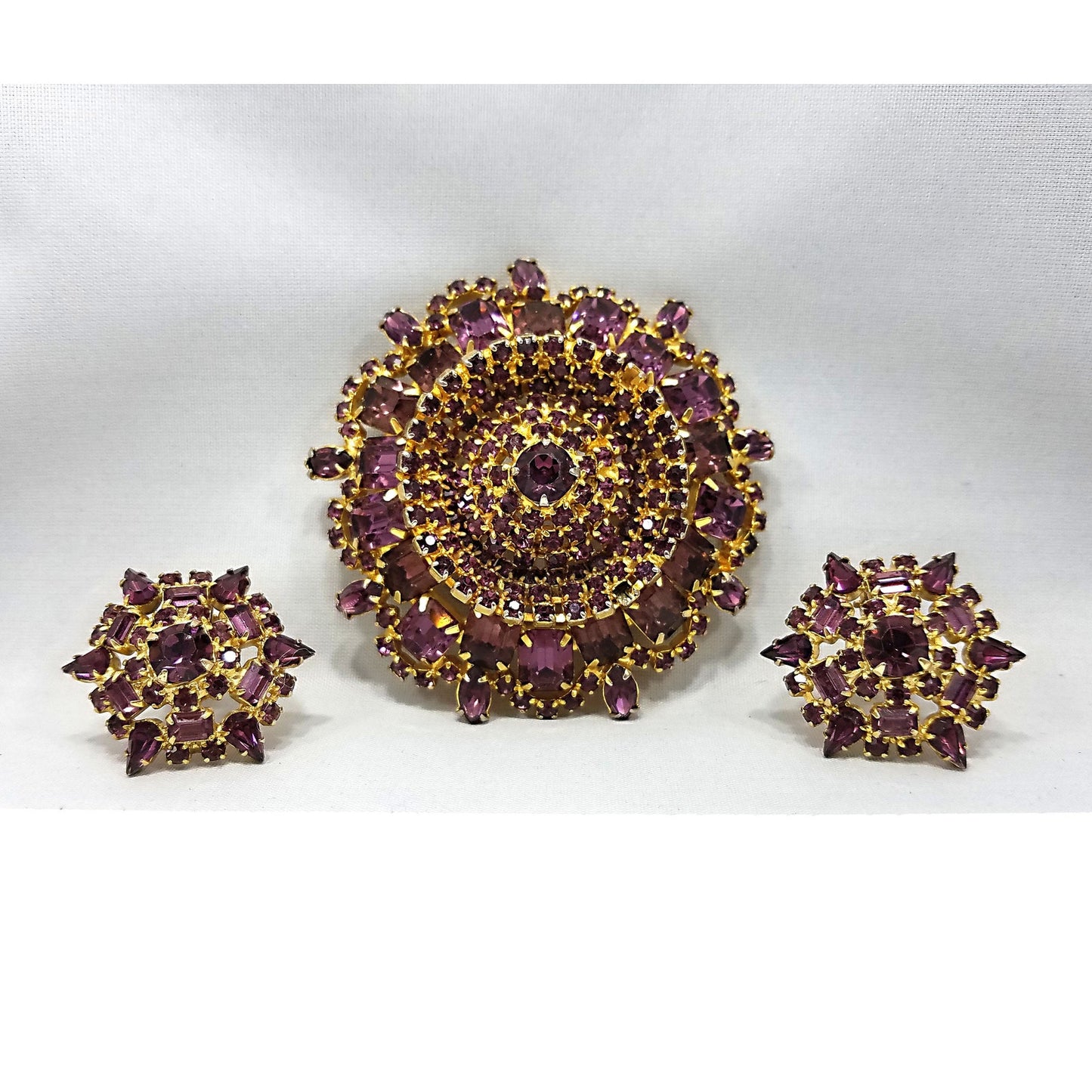 Large Purple Rhinestone Brooch & Clip Earrings, Gold Plated, 1960s Vintage