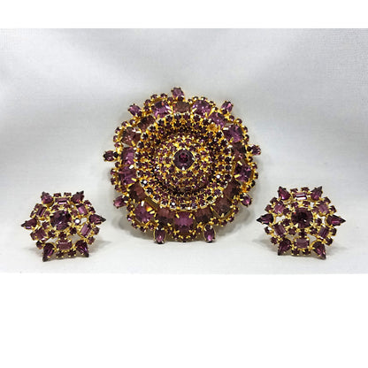 Large Purple Rhinestone Brooch & Clip Earrings, Gold Plated, 1960s Vintage