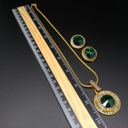 Vintage Green Rivoli Necklace & Earrings, Pave Clear Rhinestones, 1970s Vintage Jewelry