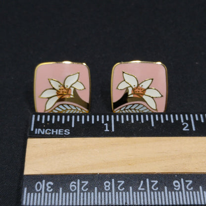 Vintage Laurel Burch "Wild Lily" Pink Post Earrings, Cloisonne Gold Plated