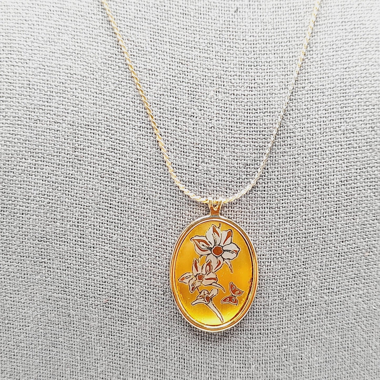 Vintage Reed & Barton Damascene July Larkspur Pendant Necklace Floral Birth Flower