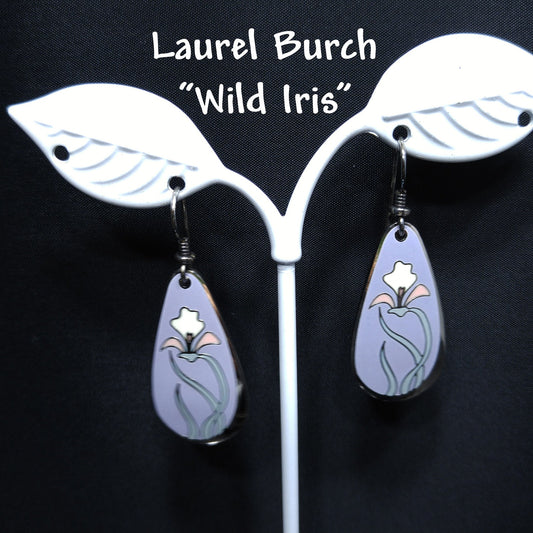 Laurel Burch "Wild Iris" Cloisonne Earrings, Enamel in Lavender White & Pink