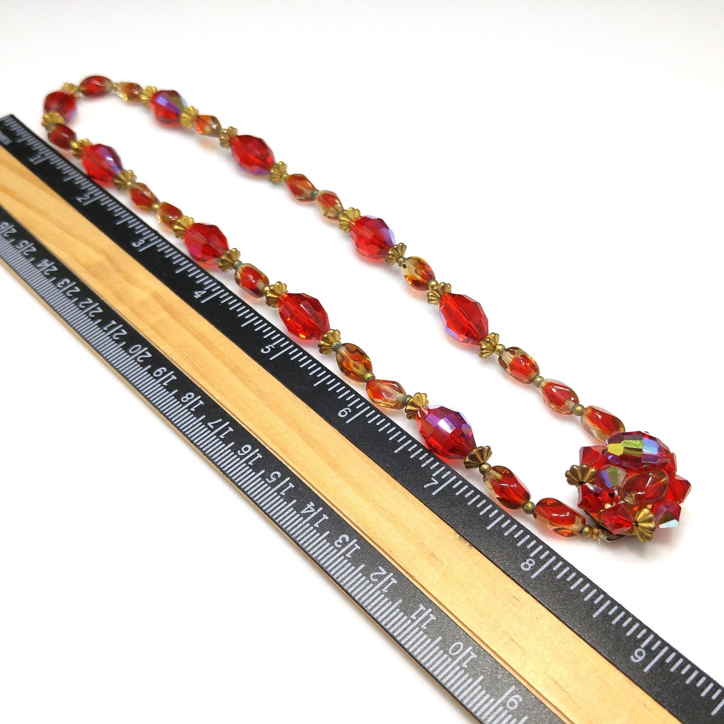 Vintage Red AB Crystal & Art Glass Bead Necklace 1950s Faceted Single Strand 17"