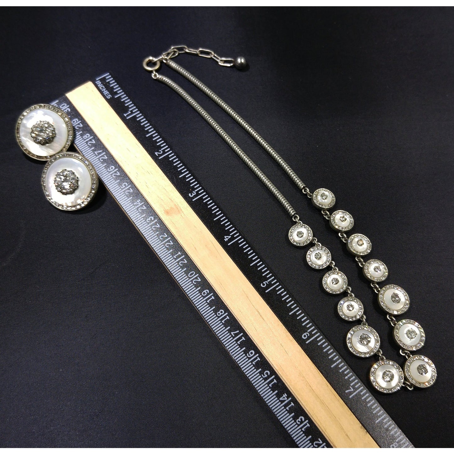 Mother of Pearl Rhinestone Jewelry, Necklace & Clip Earring Set, 1940s Vintage