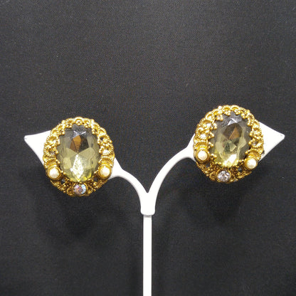 West Germany Gray Green Clip Earrings, Clear Glass & Faux Pearls, 1950s Vintage Jewelry