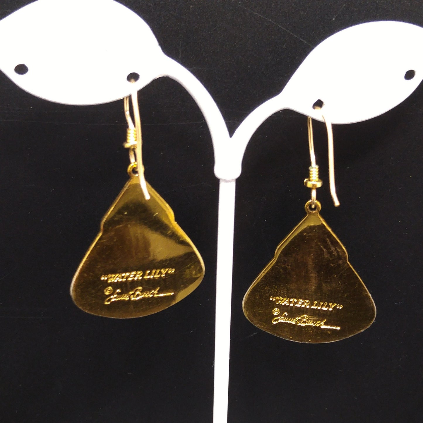 Vintage Laurel Burch "Water Lily" Earrings, Gold Plated, Red Enamel