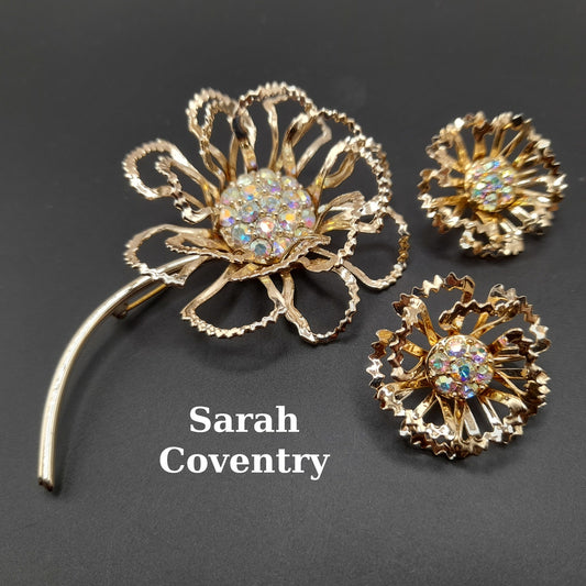 Vintage Sarah Coventry AB Rhinestone Centers Gold Tone Flower Brooch Clip Earrings Set