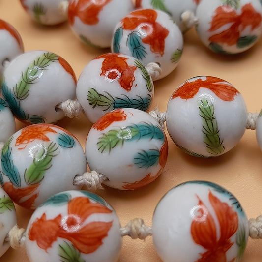 Hand Painted Koi Fish Bead Necklace, Ceramic Hand Knotted Vintage
