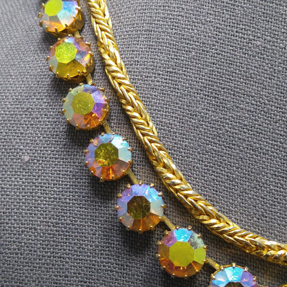 Hattie Carnegie Gold Rhinestone Necklace, Rope Chain Aurora Borealis, 1960s Vintage Jewelry