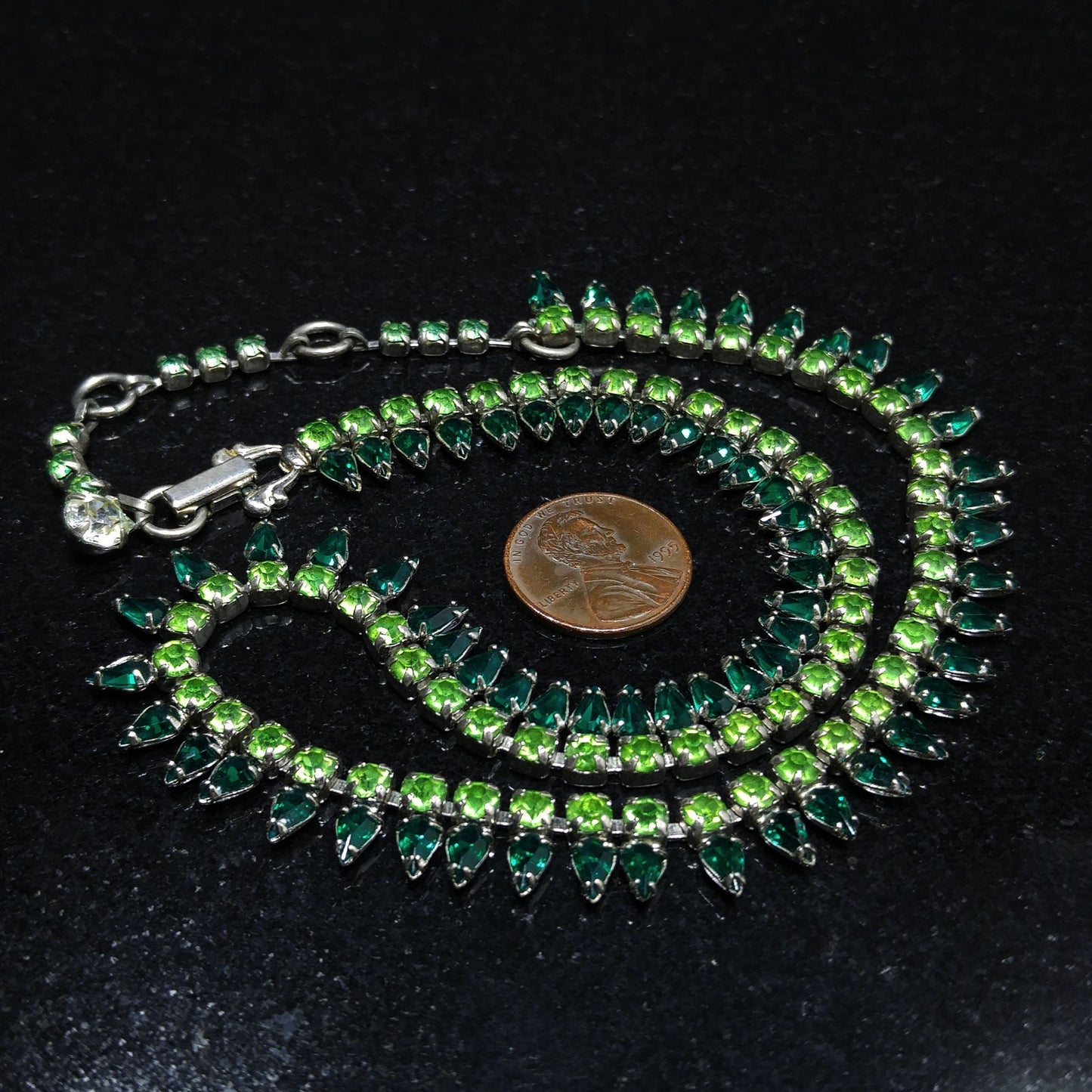 Vintage Sherman Green Rhinestone Necklace, Vaseline or Uranium Glass, 1950s
