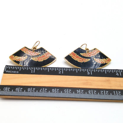Laurel Burch "Palm Leaves" Earrings, Red Black Enamel, Gold Plated, 1980s Vintage Jewelry