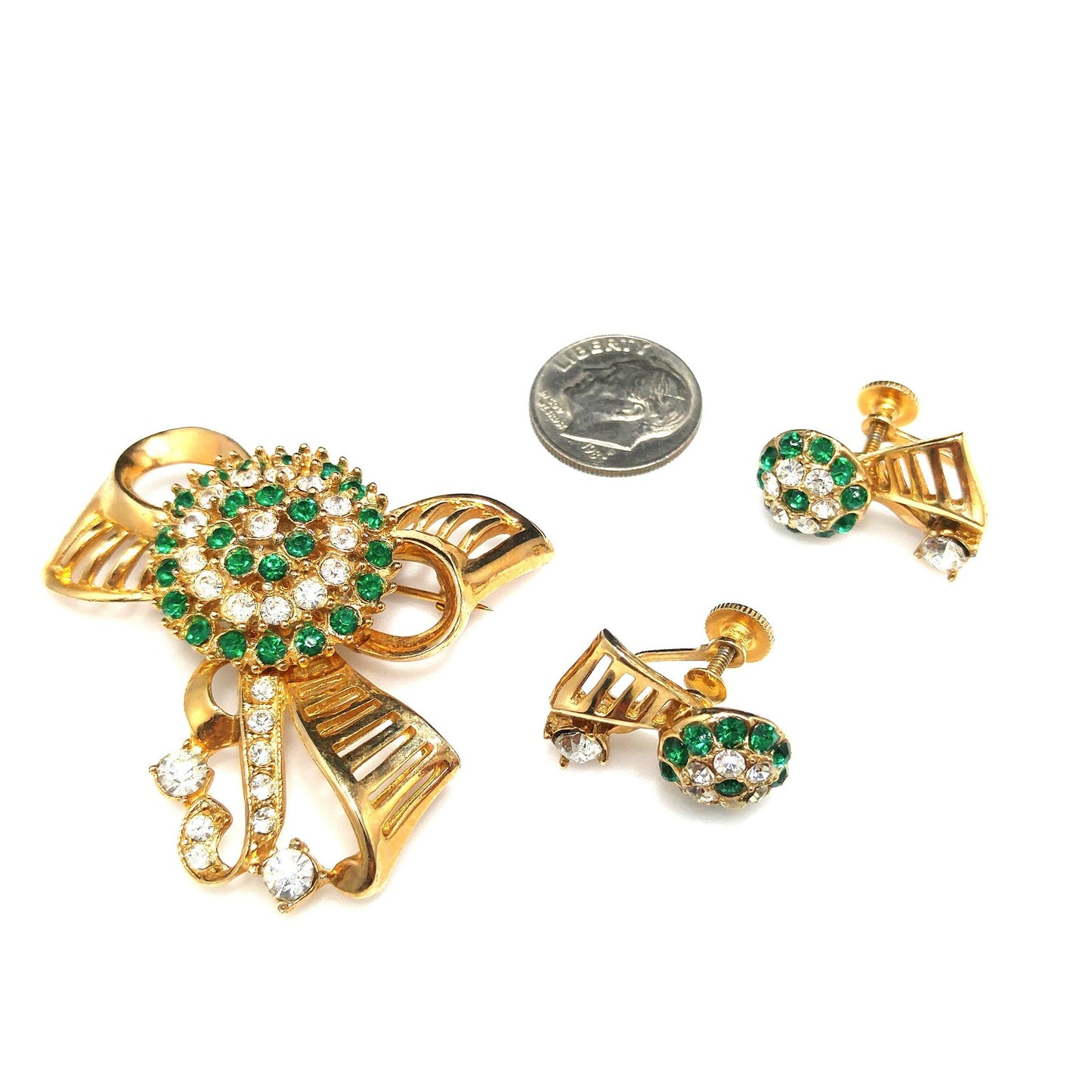 Green Rhinestone Brooch & Earrings, Gold Plated, 1940s Vintage Jewelry