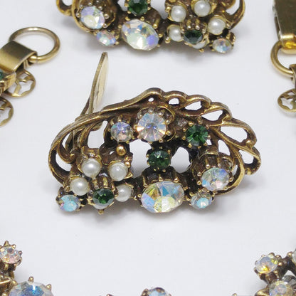 Florenza Rhinestone Bracelet & Earrings, Book Piece, Faux Pearls, 1960s Vintage Jewelry