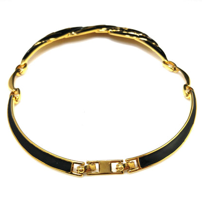 Monet Black Enamel Leaves Choker Necklace, Gold Plated, 1980s Vintage Jewelry