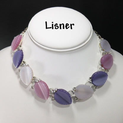 Vintage Lisner Leaves Necklace, Lavender Pink White Lucite, 1950s