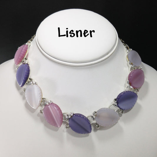 Vintage Lisner Leaves Necklace, Lavender Pink White Lucite, 1950s