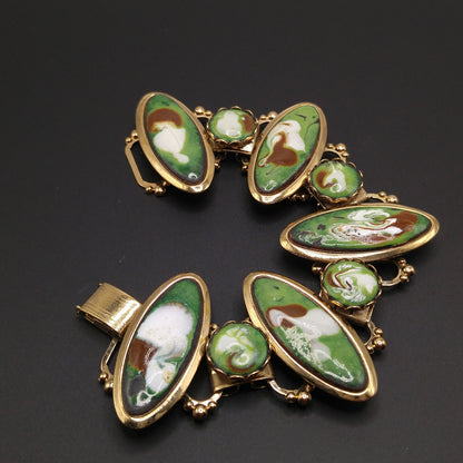 Mid-Century Enamel Book Chain Bracelet, Green Brown White Gold, 1950s Vintage Jewelry