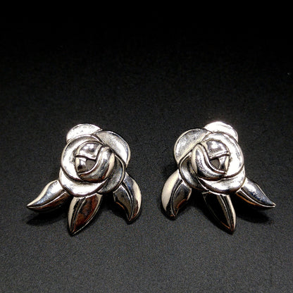 Vintage Laurel Burch Deco Rose Earrings, Rhodium Plated, Black Enamel, 1980s
