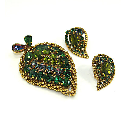Vintage Weiss Green Brooch Earrings Set, Vitrail Green Rhinestone Leaves, Gold Plated