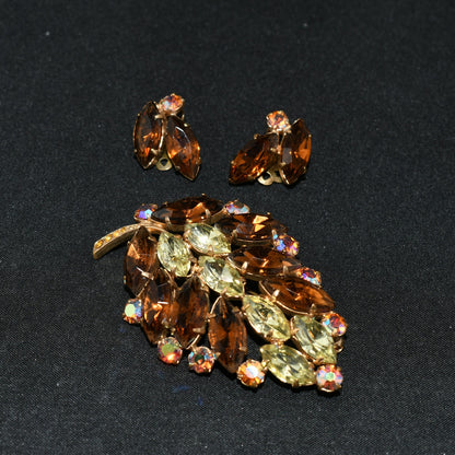 Mid-Century Topaz Jonquil Rhinestone Leaf Brooch Earrings Set, 1960s Vintage Jewelry