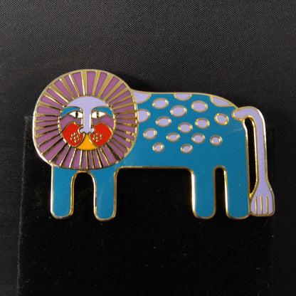 Laurel Burch "Leonardo" Brooch, Blue Enamel Gold Plated Lion, 1980s Vintage