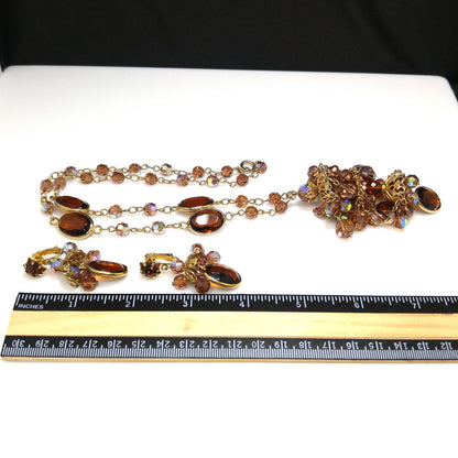Filigree Chandelier Pendant Necklace & Earrings, Topaz Crystal Beads, 1970s Vintage Jewelry