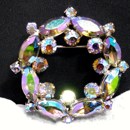 Blue Vitrail Rhinestone Wreath Brooch, 1960s Vintage Jewelry, Rhodium Plated