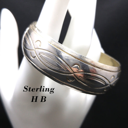 Vintage Navajo Sterling Silver Cuff Bracelet HB Hand Engraved Leaf Design