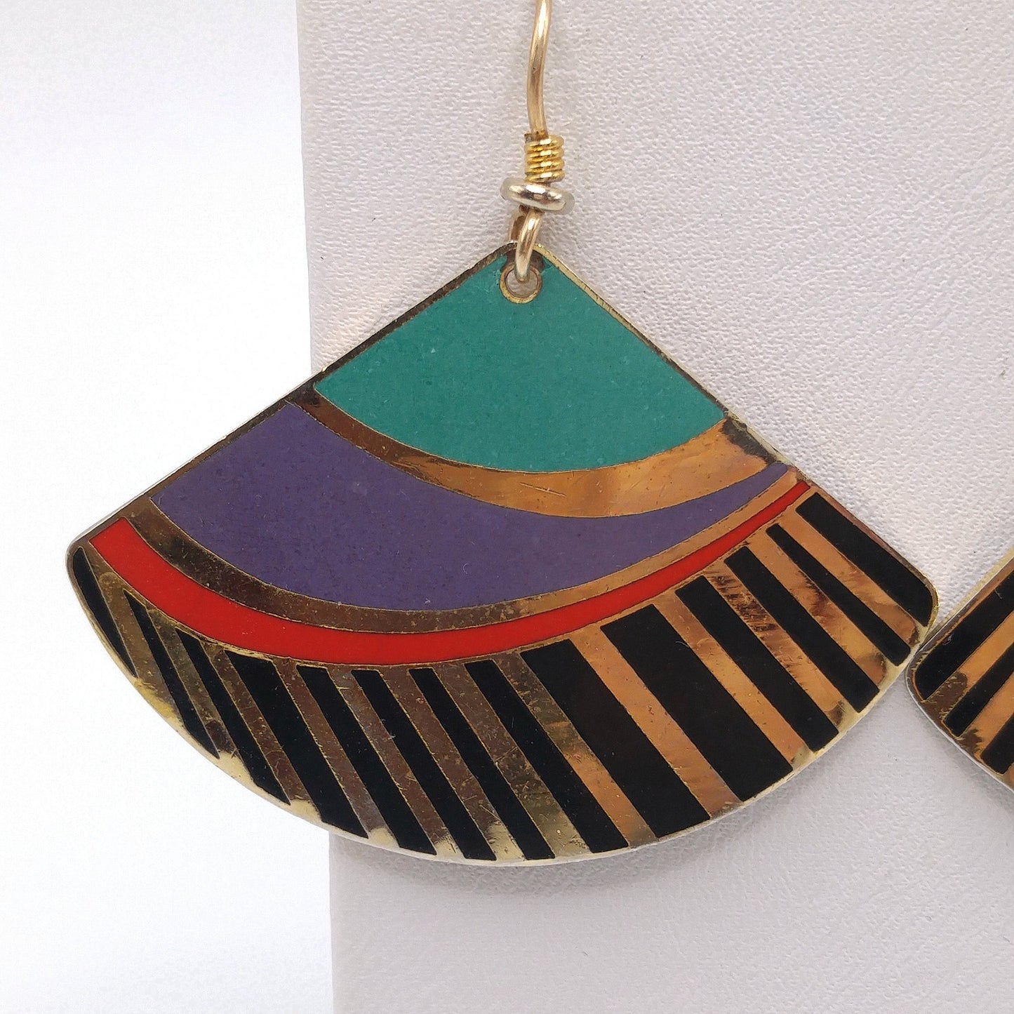 Vintage Laurel Burch Madrid Fan Earrings, Gold Plated, Teal Purple Black Enamel