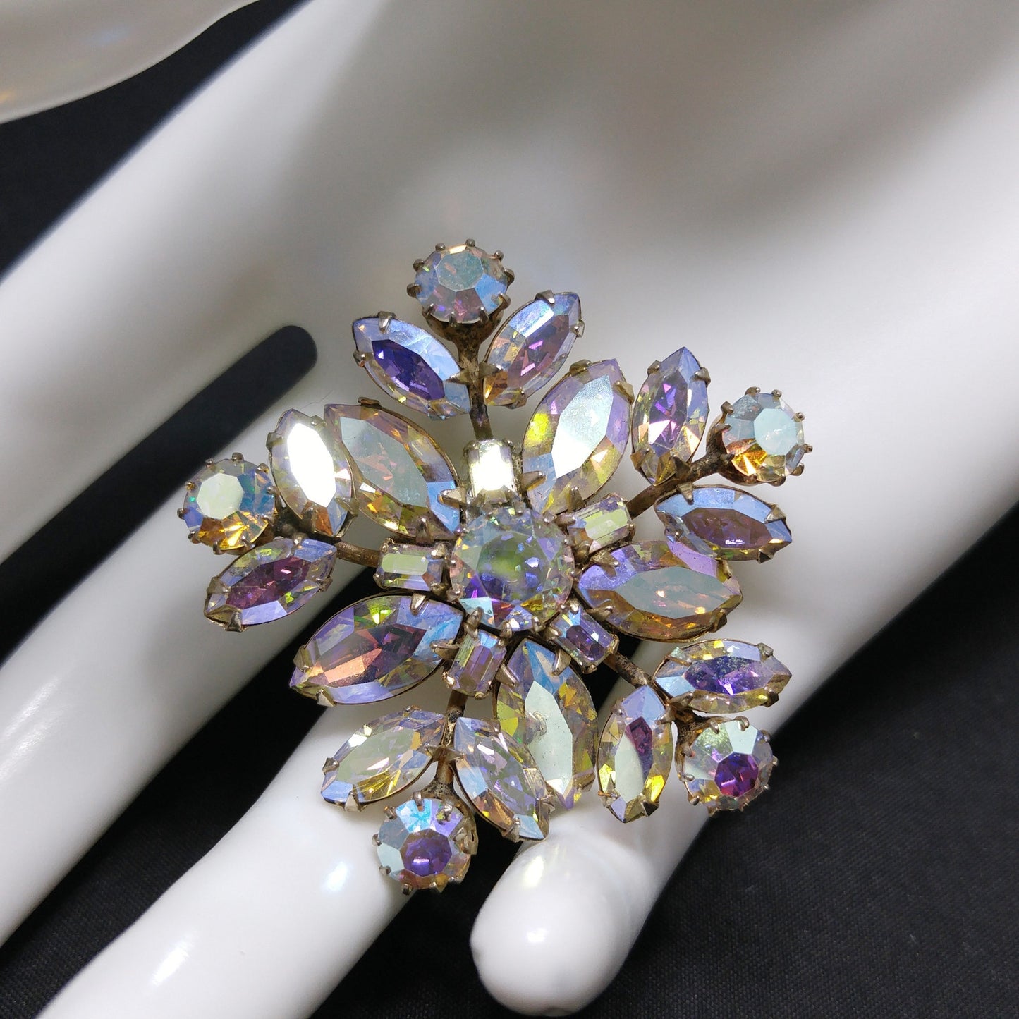 Vintage Sherman Snowflake Rhinestone Brooch, Aurora Borealis, 1960s