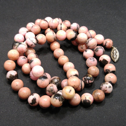 Pink Black Gemstone Beaded Necklace, Rhodonite 10mm Beads, 1970s Vintage Jewelry