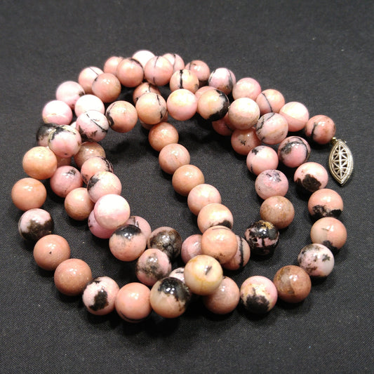 Pink Black Gemstone Beaded Necklace, Rhodonite 10mm Beads, 1970s Vintage Jewelry